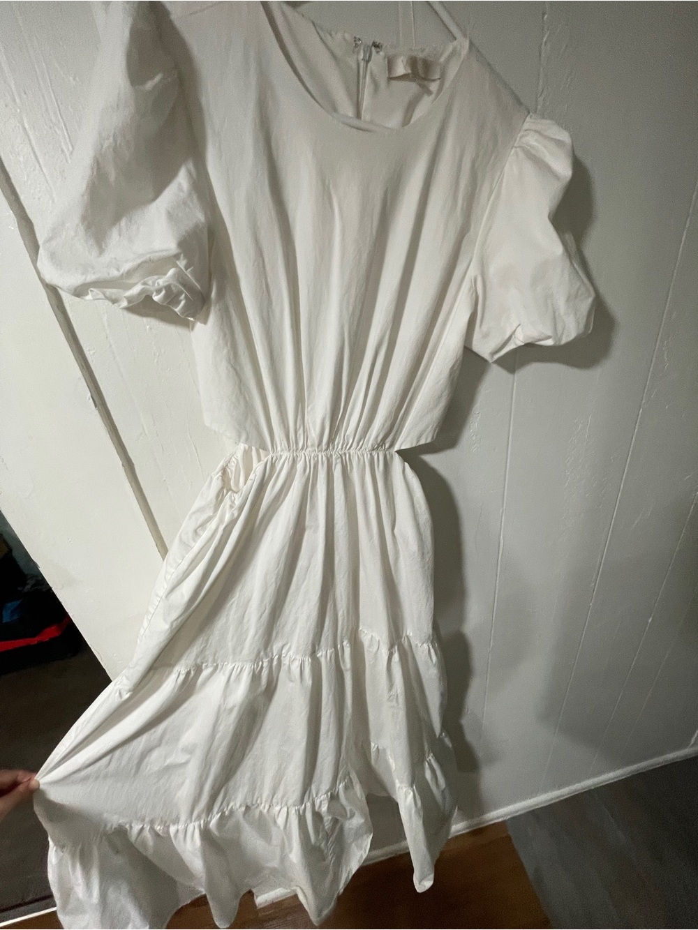 Wayf White Puff Sleeve Tiered Midi Dress